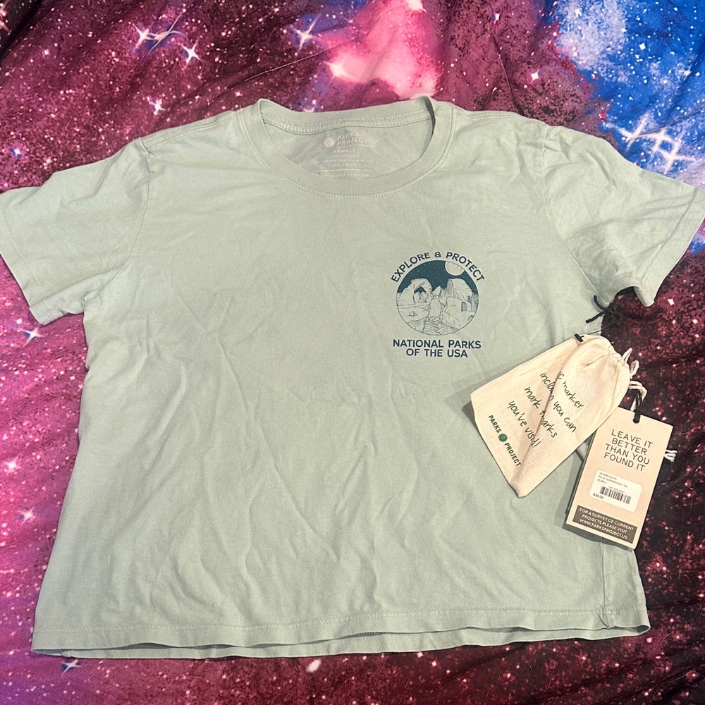Parks Project XS mint Green Short Sleeve Tee cropped with pen